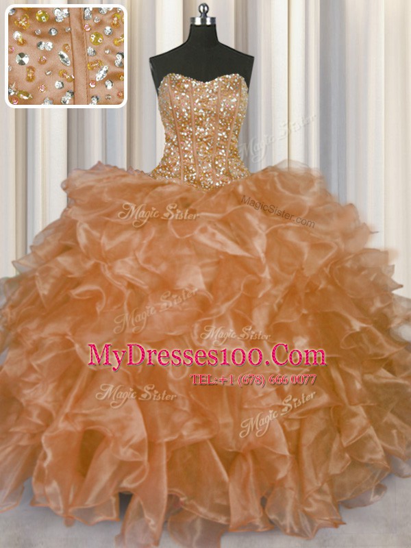 Visible Boning Organza Strapless Sleeveless Lace Up Beading and Ruffles Sweet 16 Dress in Champagne