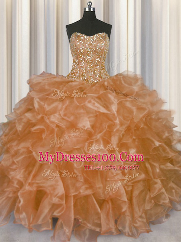 Visible Boning Organza Strapless Sleeveless Lace Up Beading and Ruffles Sweet 16 Dress in Champagne