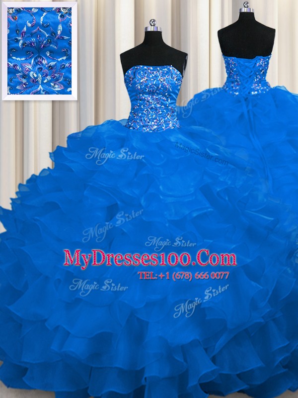 Organza Strapless Sleeveless Sweep Train Lace Up Beading and Ruffles 15th Birthday Dress in Royal Blue
