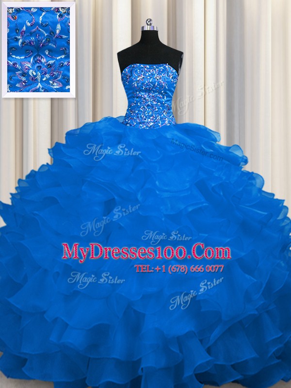 Organza Strapless Sleeveless Sweep Train Lace Up Beading and Ruffles 15th Birthday Dress in Royal Blue