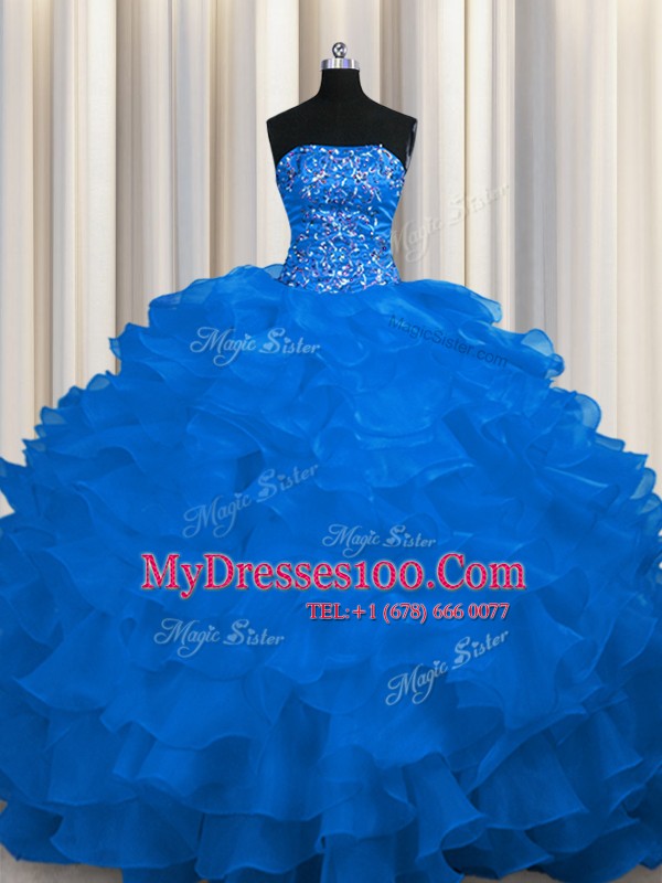 Organza Strapless Sleeveless Sweep Train Lace Up Beading and Ruffles 15th Birthday Dress in Royal Blue