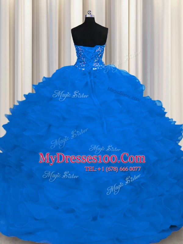 Organza Strapless Sleeveless Sweep Train Lace Up Beading and Ruffles 15th Birthday Dress in Royal Blue