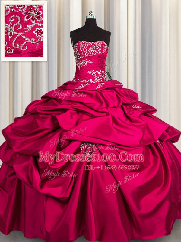 Excellent Hot Pink Ball Gowns Taffeta Strapless Sleeveless Appliques and Pick Ups Floor Length Lace Up Ball Gown Prom Dress