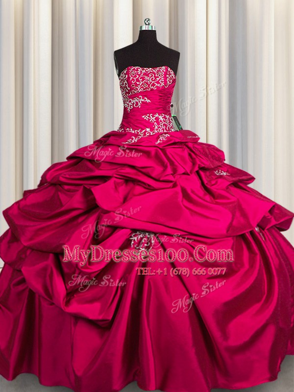Excellent Hot Pink Ball Gowns Taffeta Strapless Sleeveless Appliques and Pick Ups Floor Length Lace Up Ball Gown Prom Dress