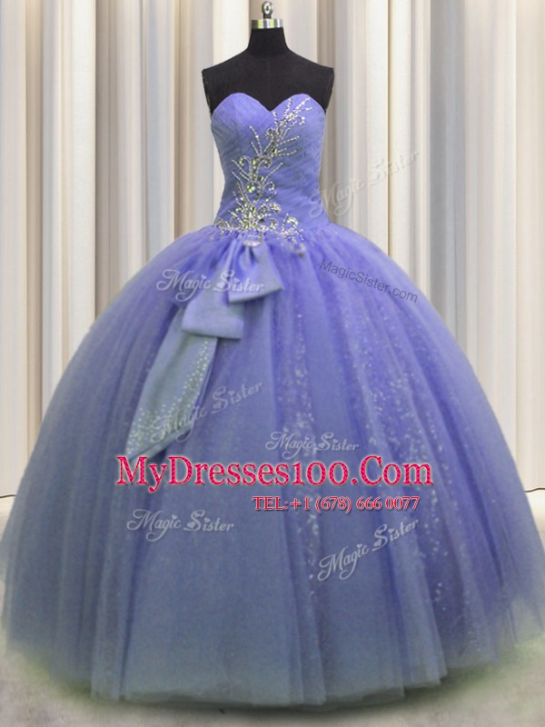 Sophisticated Sequins Bowknot Floor Length Lavender Quinceanera Dress Sweetheart Sleeveless Lace Up