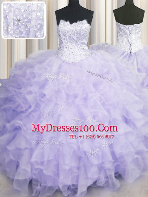 Enchanting Lavender 15th Birthday Dress Military Ball and Sweet 16 and Quinceanera and For with Beading and Ruffles Scalloped Sleeveless Lace Up