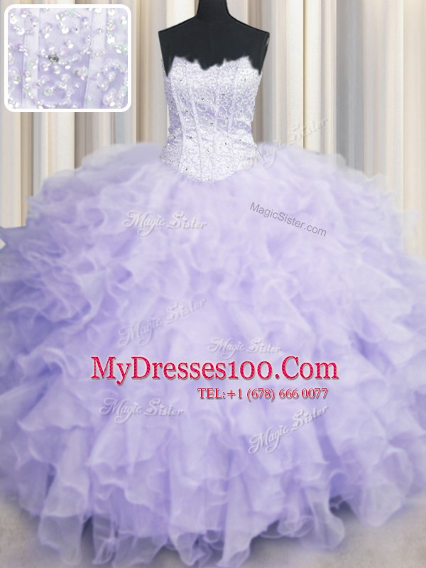 Enchanting Lavender 15th Birthday Dress Military Ball and Sweet 16 and Quinceanera and For with Beading and Ruffles Scalloped Sleeveless Lace Up