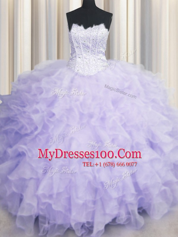 Enchanting Lavender 15th Birthday Dress Military Ball and Sweet 16 and Quinceanera and For with Beading and Ruffles Scalloped Sleeveless Lace Up