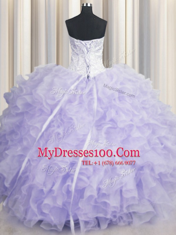Enchanting Lavender 15th Birthday Dress Military Ball and Sweet 16 and Quinceanera and For with Beading and Ruffles Scalloped Sleeveless Lace Up