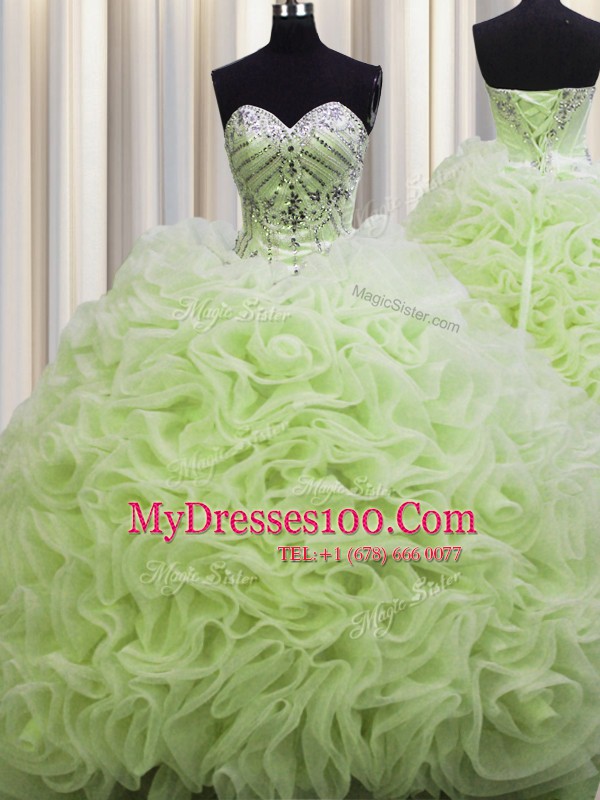Spectacular Rolling Flowers Brush Train Yellow Green Sleeveless Beading and Pick Ups Floor Length Ball Gown Prom Dress