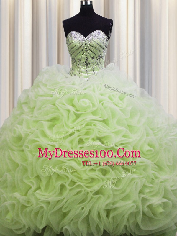 Spectacular Rolling Flowers Brush Train Yellow Green Sleeveless Beading and Pick Ups Floor Length Ball Gown Prom Dress