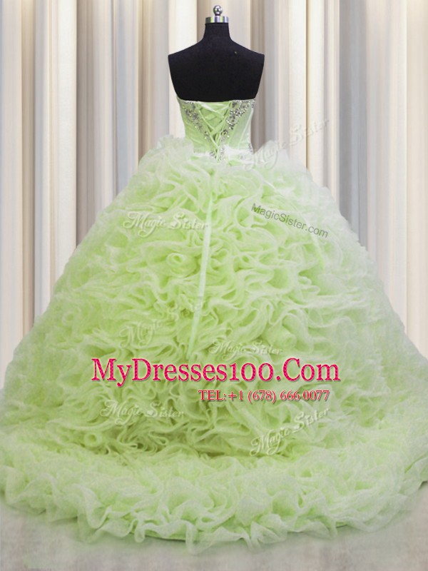 Spectacular Rolling Flowers Brush Train Yellow Green Sleeveless Beading and Pick Ups Floor Length Ball Gown Prom Dress