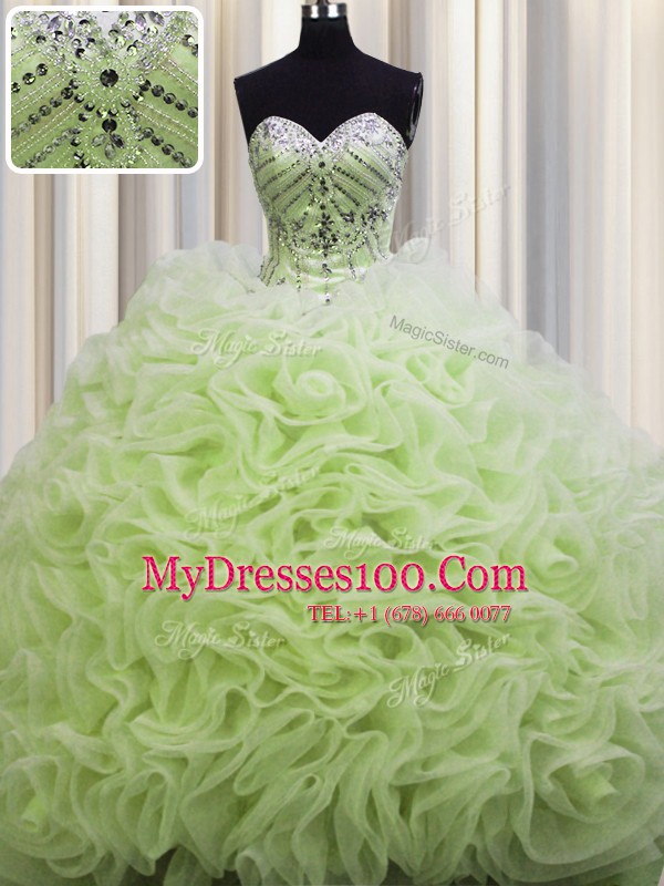 Spectacular Rolling Flowers Brush Train Yellow Green Sleeveless Beading and Pick Ups Floor Length Ball Gown Prom Dress