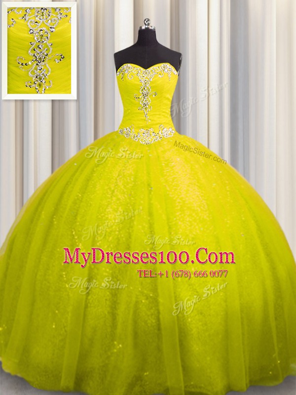 Yellow Sleeveless Tulle and Sequined Court Train Lace Up Sweet 16 Dress for Military Ball and Sweet 16 and Quinceanera