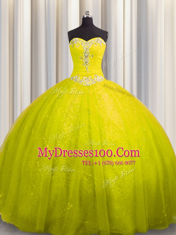 Yellow Sleeveless Tulle and Sequined Court Train Lace Up Sweet 16 Dress for Military Ball and Sweet 16 and Quinceanera