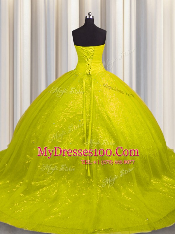 Yellow Sleeveless Tulle and Sequined Court Train Lace Up Sweet 16 Dress for Military Ball and Sweet 16 and Quinceanera