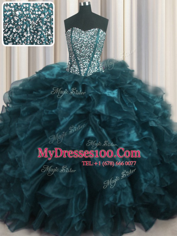 Visible Boning Bling-bling Organza Sweetheart Sleeveless Brush Train Lace Up Beading and Ruffles 15 Quinceanera Dress in Teal