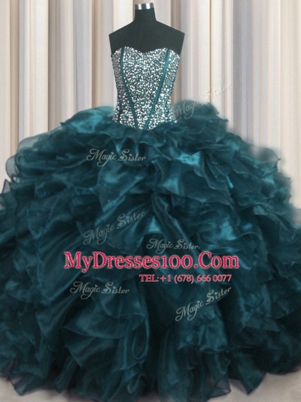 Visible Boning Bling-bling Organza Sweetheart Sleeveless Brush Train Lace Up Beading and Ruffles 15 Quinceanera Dress in Teal