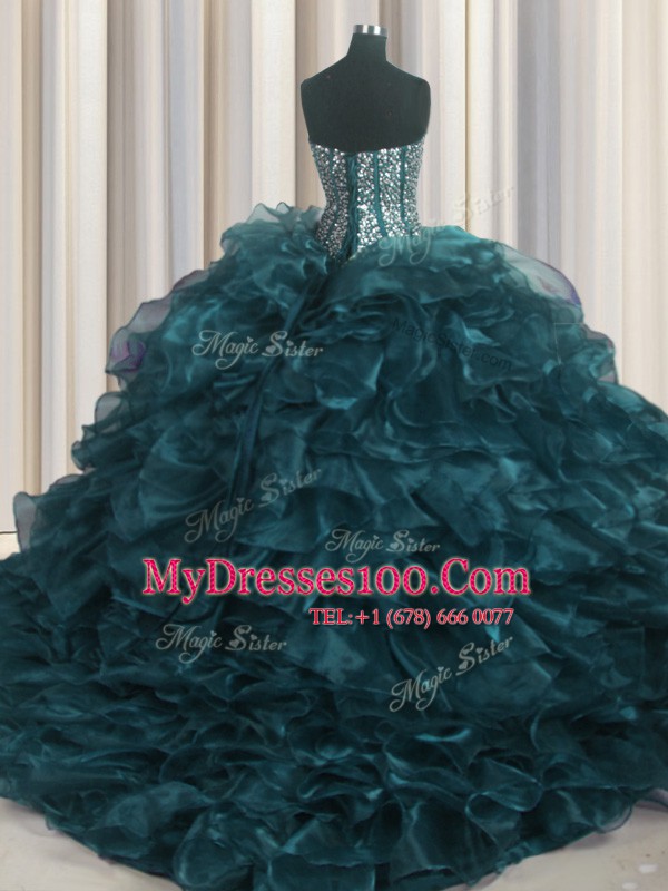 Visible Boning Bling-bling Organza Sweetheart Sleeveless Brush Train Lace Up Beading and Ruffles 15 Quinceanera Dress in Teal