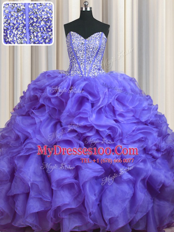 Bling-bling With Train Ball Gowns Sleeveless Lavender 15th Birthday Dress Brush Train Lace Up