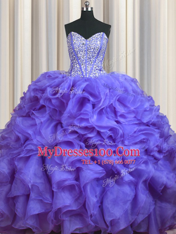 Bling-bling With Train Ball Gowns Sleeveless Lavender 15th Birthday Dress Brush Train Lace Up