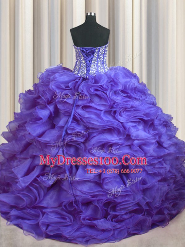 Bling-bling With Train Ball Gowns Sleeveless Lavender 15th Birthday Dress Brush Train Lace Up