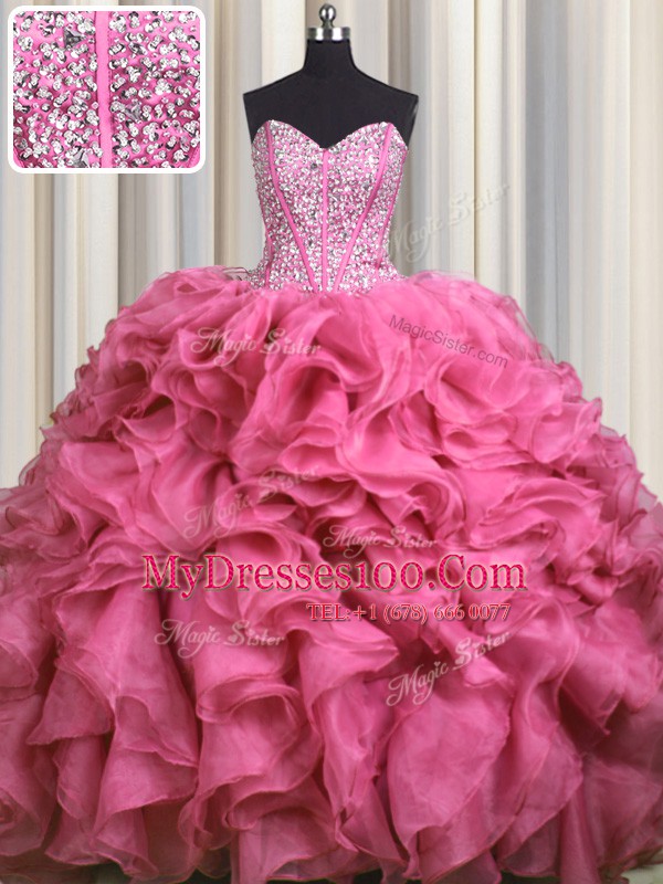 Admirable Visible Boning Bling-bling Rose Pink 15 Quinceanera Dress Military Ball and Sweet 16 and Quinceanera and For with Beading and Ruffles Sweetheart Sleeveless Brush Train Lace Up