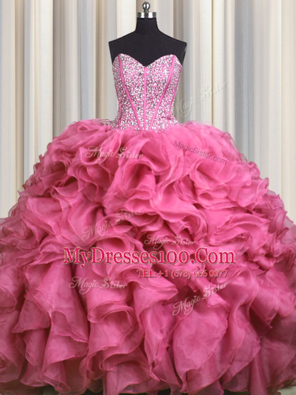 Admirable Visible Boning Bling-bling Rose Pink 15 Quinceanera Dress Military Ball and Sweet 16 and Quinceanera and For with Beading and Ruffles Sweetheart Sleeveless Brush Train Lace Up
