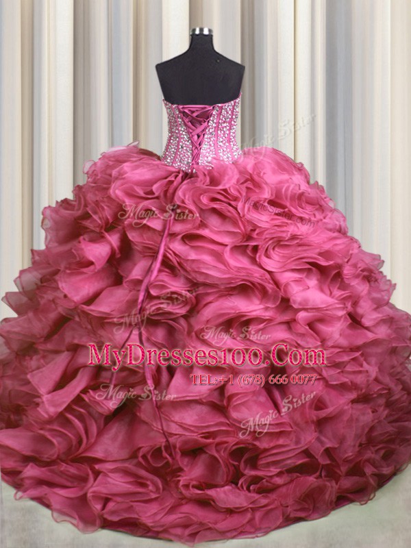 Admirable Visible Boning Bling-bling Rose Pink 15 Quinceanera Dress Military Ball and Sweet 16 and Quinceanera and For with Beading and Ruffles Sweetheart Sleeveless Brush Train Lace Up