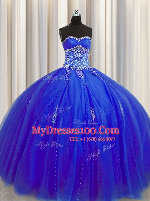 Eye-catching Puffy Skirt Floor Length Royal Blue Quinceanera Dresses Tulle Sleeveless Beading and Appliques