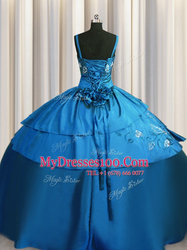 High Class Teal Ball Gowns Beading and Embroidery Sweet 16 Quinceanera Dress Lace Up Satin Sleeveless Floor Length