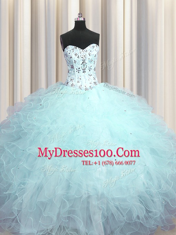 Clearance Visible Boning Sleeveless Tulle Floor Length Lace Up Quinceanera Dress in Light Blue with Beading and Appliques and Ruffles