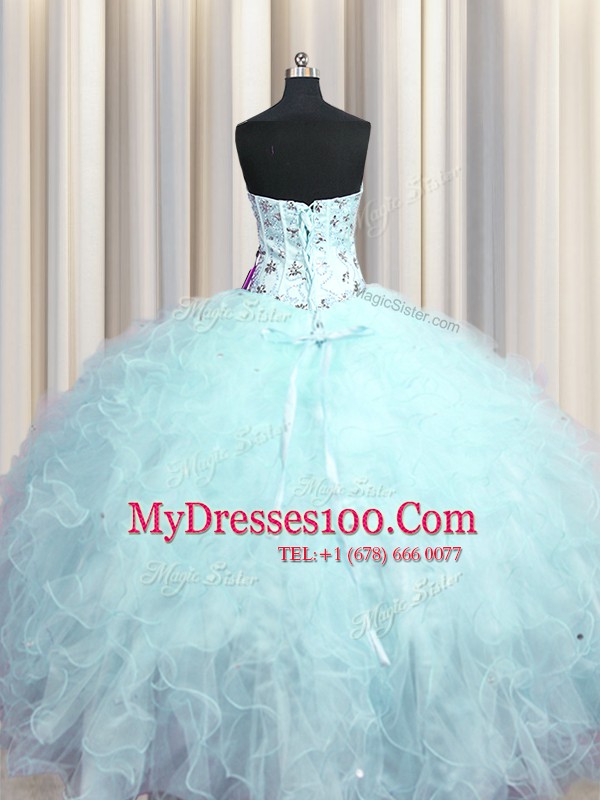 Clearance Visible Boning Sleeveless Tulle Floor Length Lace Up Quinceanera Dress in Light Blue with Beading and Appliques and Ruffles