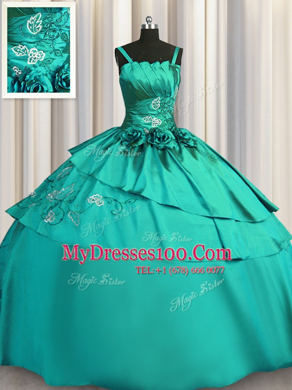 Embroidery Floor Length Ball Gowns Sleeveless Turquoise Quinceanera Dresses Lace Up
