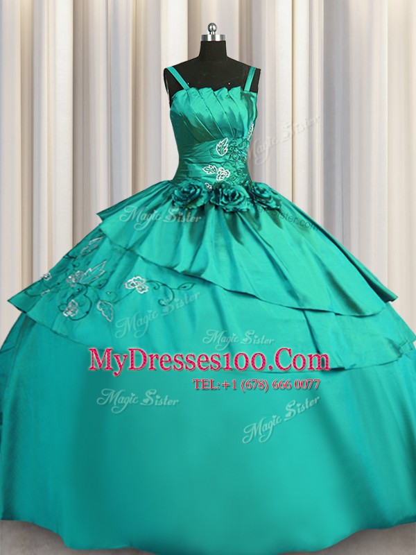Embroidery Floor Length Ball Gowns Sleeveless Turquoise Quinceanera Dresses Lace Up