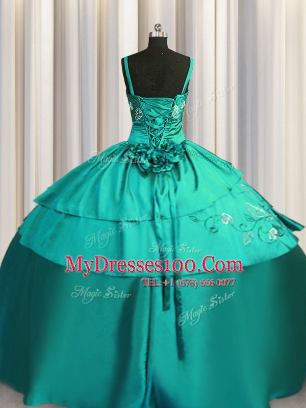 Embroidery Floor Length Ball Gowns Sleeveless Turquoise Quinceanera Dresses Lace Up