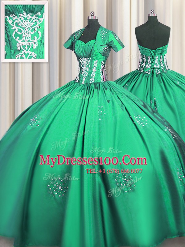 Ideal Turquoise Short Sleeves Beading and Appliques and Ruching Floor Length Quinceanera Gown