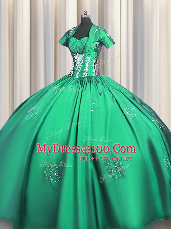 Ideal Turquoise Short Sleeves Beading and Appliques and Ruching Floor Length Quinceanera Gown