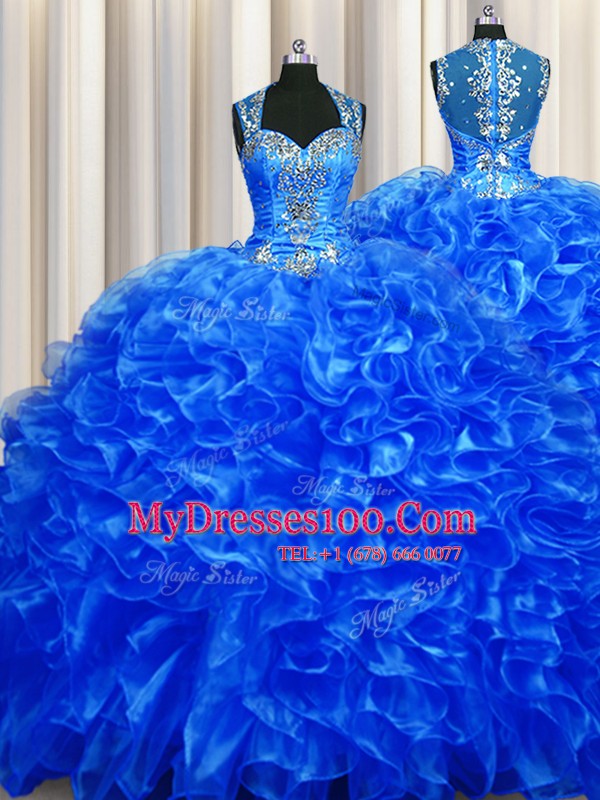 Most Popular Zipper Up See Through Back Royal Blue Sleeveless Organza Sweep Train Zipper Ball Gown Prom Dress for Military Ball and Sweet 16 and Quinceanera