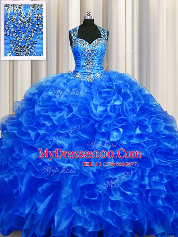 Most Popular Zipper Up See Through Back Royal Blue Sleeveless Organza Sweep Train Zipper Ball Gown Prom Dress for Military Ball and Sweet 16 and Quinceanera