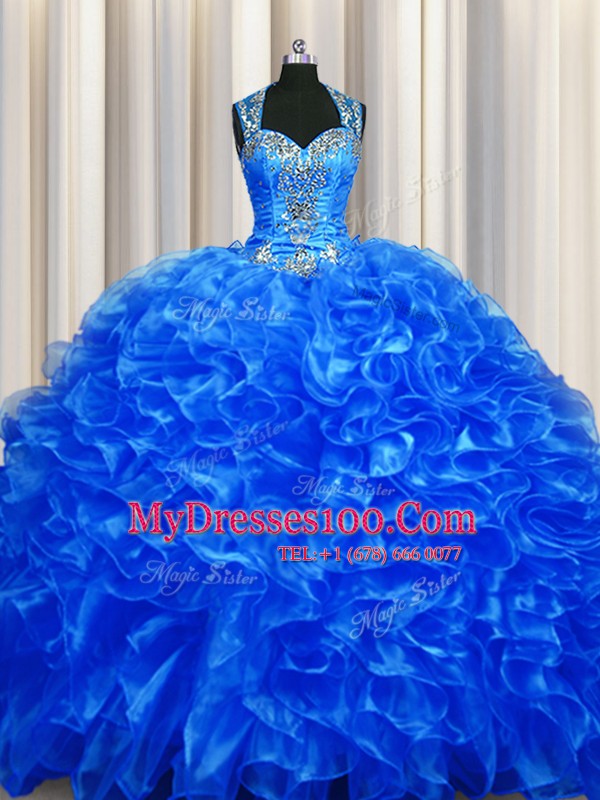 Most Popular Zipper Up See Through Back Royal Blue Sleeveless Organza Sweep Train Zipper Ball Gown Prom Dress for Military Ball and Sweet 16 and Quinceanera