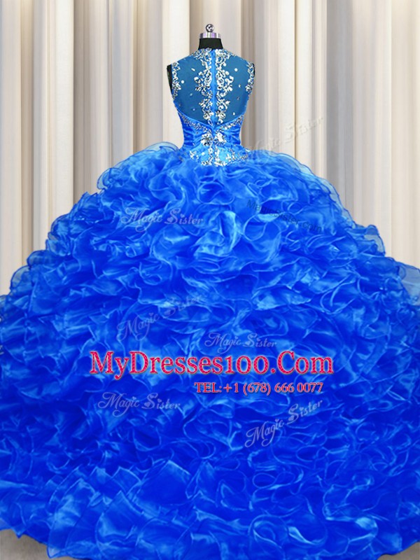 Most Popular Zipper Up See Through Back Royal Blue Sleeveless Organza Sweep Train Zipper Ball Gown Prom Dress for Military Ball and Sweet 16 and Quinceanera