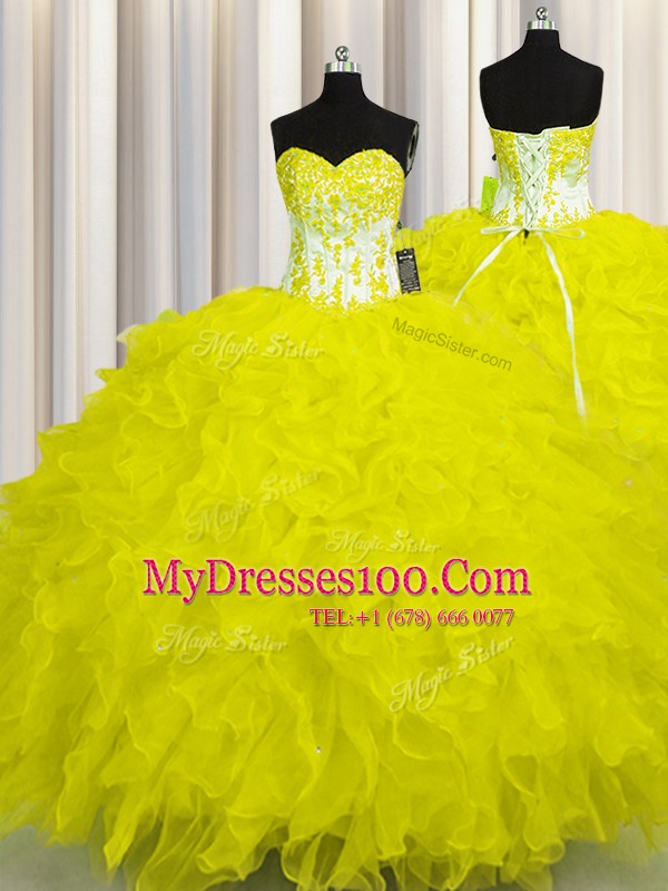 Floor Length Yellow Sweet 16 Dresses Organza Sleeveless Appliques and Ruffles