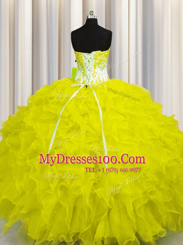 Floor Length Yellow Sweet 16 Dresses Organza Sleeveless Appliques and Ruffles