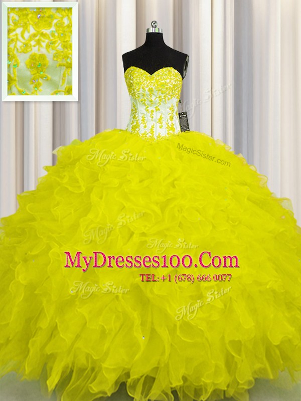 Floor Length Yellow Sweet 16 Dresses Organza Sleeveless Appliques and Ruffles