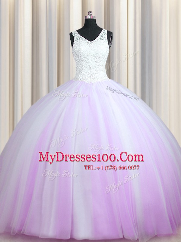 Eye-catching Zipper Up V-neck Sleeveless Brush Train Zipper Sweet 16 Dresses Lilac Tulle