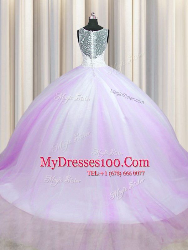 Eye-catching Zipper Up V-neck Sleeveless Brush Train Zipper Sweet 16 Dresses Lilac Tulle