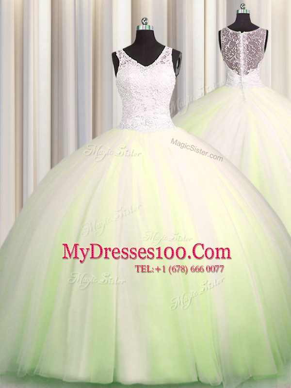 Delicate Zipple Up Brush Train Big Puffy Yellow Green Sleeveless Beading and Appliques Zipper Sweet 16 Dress