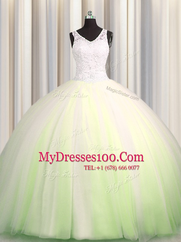 Delicate Zipple Up Brush Train Big Puffy Yellow Green Sleeveless Beading and Appliques Zipper Sweet 16 Dress