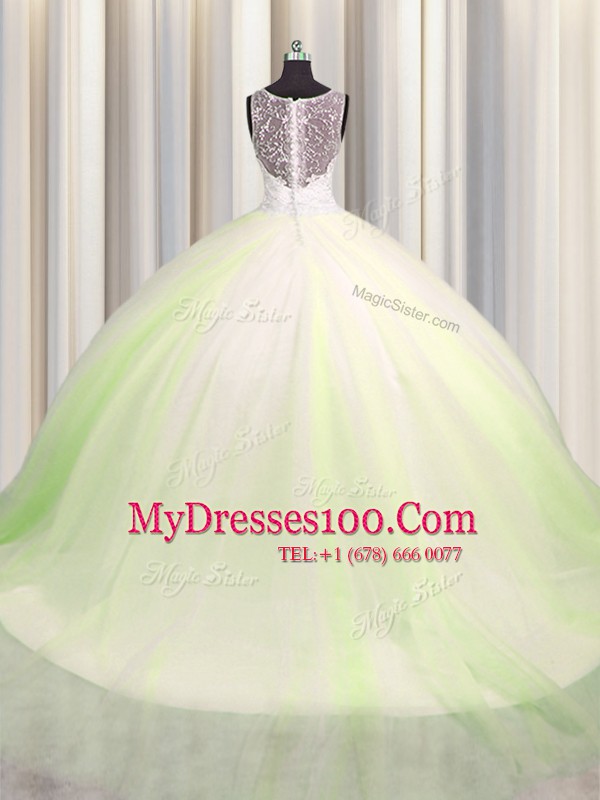 Delicate Zipple Up Brush Train Big Puffy Yellow Green Sleeveless Beading and Appliques Zipper Sweet 16 Dress